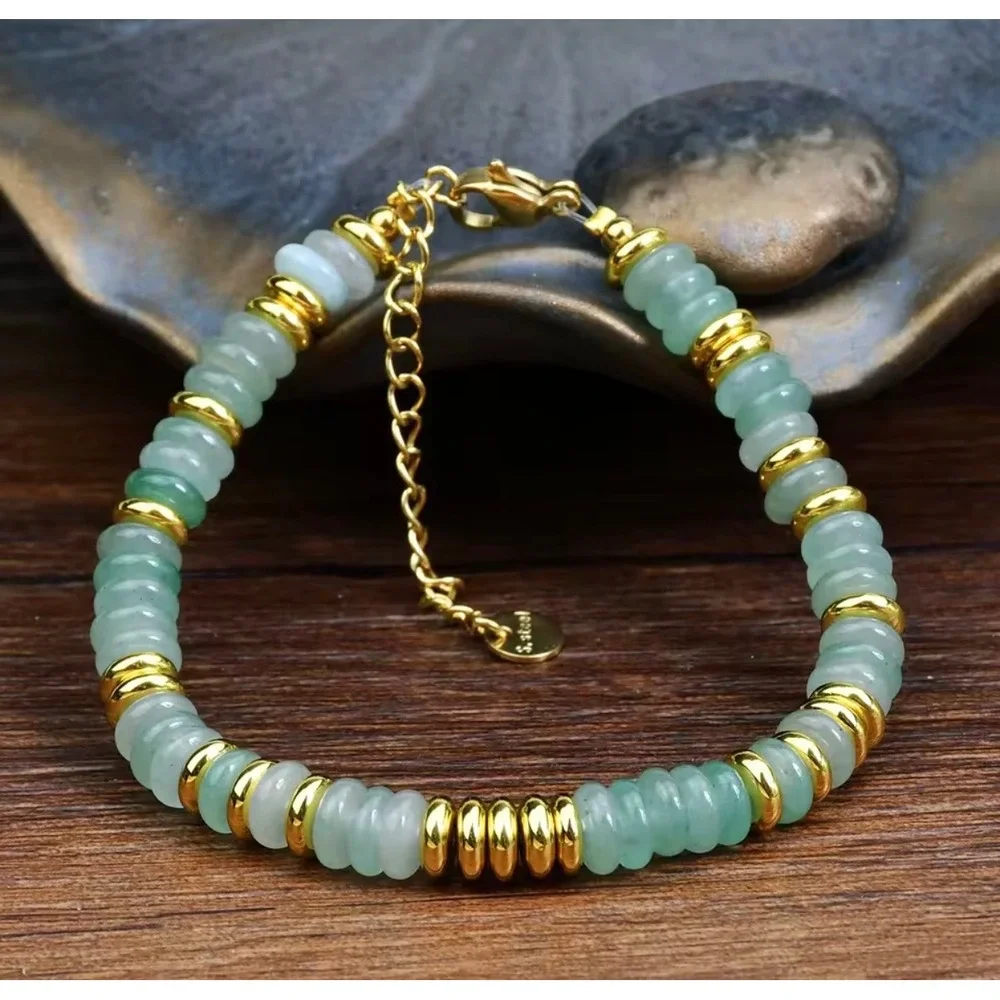 Green Jadeite Rondelle Bead Bracelet Gold Tone Stainless Steel Adjustable Women